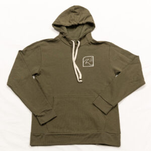 Image of a green hoodie with small cream design